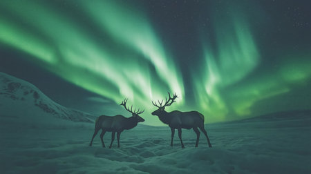 Two reindeer are silhouetted against a stunning display of northern lights in a winter settingの素材