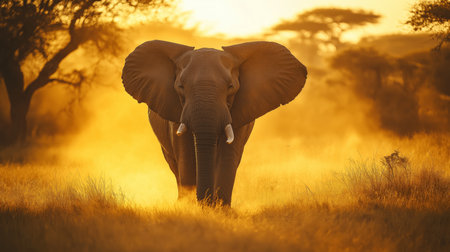 An elephant moves gracefully through golden grasslands during a beautiful sunsetの素材