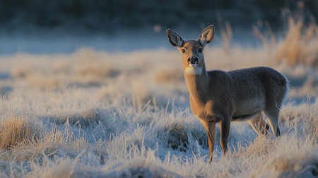 A deer stands still on a frost-covered meadow as sunlight softly illuminates the landscapeの素材