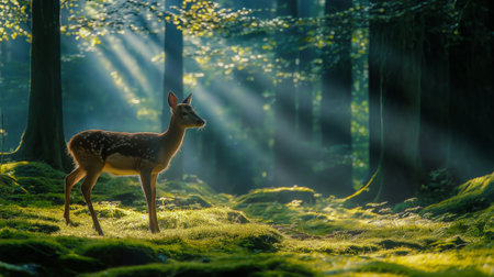 A young fawn quietly explores a sunlit forest glade filled with vibrant greeneryの素材