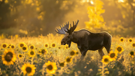 A moose grazes amid bright sunflowers during the warm glow of sunsetの素材