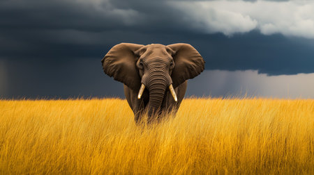 An elephant glides through golden grass as storm clouds gather overhead, creating contrastの素材