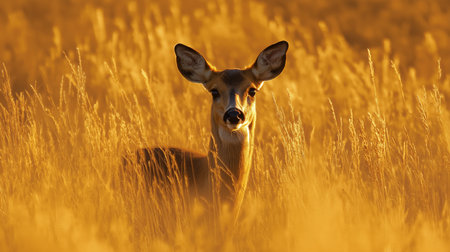 A deer gazes curiously among tall grass as the sun sets, creating a beautiful golden atmosphereの素材