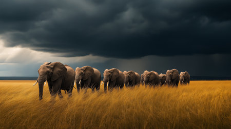 A herd of elephants moves gracefully across the golden grassland as storm clouds gather aboveの素材