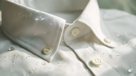White shirt with water droplets highlighting cleanliness and fabric safety featuresの素材