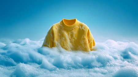 Bright yellow shirt emerging from soap bubbles on a clear background Generative AIの素材
