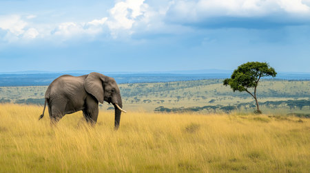 An elephant strides through the tall grass with a lone tree in the background under a blue skyの素材