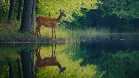 A young deer gazes at its reflection in a calm lake, framed by lush greenery and treesの素材