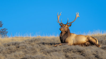 An elk lies comfortably on a grassy slope, basking in the warm morning sun with clear skies aboveの素材