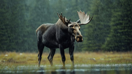 A large moose stands calmly in shallow water during a rainy day, surrounded by treesの素材