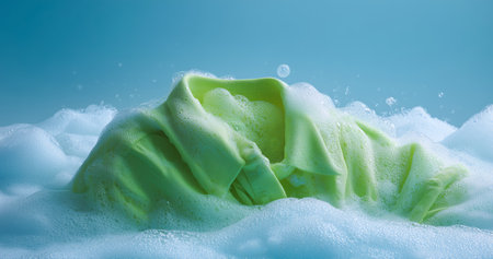 Soft green fabric submerged in bubbly soap foam creates a fresh cleansing atmosphere Generative AIの素材