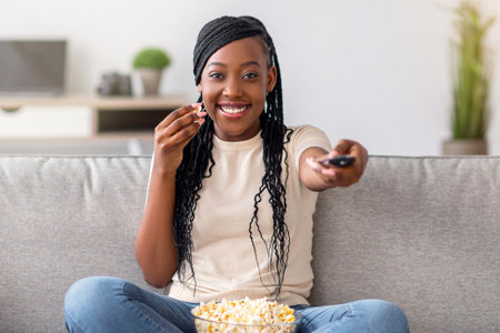 Happy black woman sitting on couch with TV remote