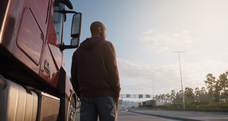 Driver taking a break beside his truck on a sunny highway during the morning Generative AIの素材