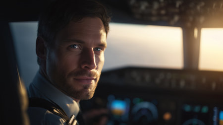 Pilot in cockpit gazing at sunset during flight in the evening sky Generative AIの素材