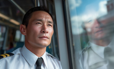 Man in uniform gazes thoughtfully out of train window while on duty Generative AIの素材