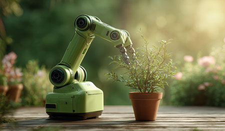 Gardening helper robot arranges plants in outdoor garden during sunny day Generative AIの素材