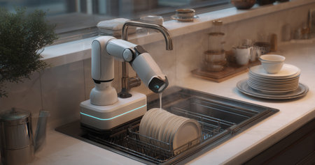 Advanced robotic technology efficiently cleans dishes in a modern apartment kitchen Generative AIの素材