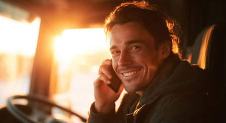 Smiling truck driver using smartphone during sunset at roadside location Generative AIの素材