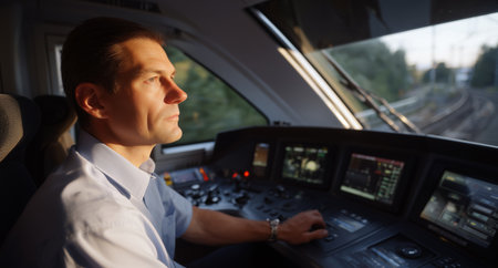 Experienced train conductor navigating tracks during early morning light Generative AIの素材