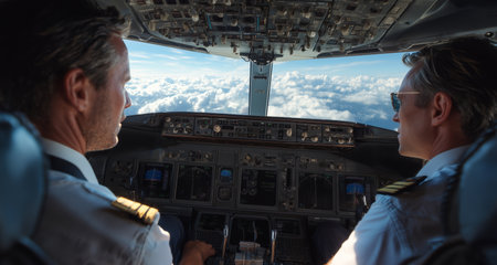 Experienced pilots navigate through clouds at sunset during a peaceful sky journey Generative AIの素材
