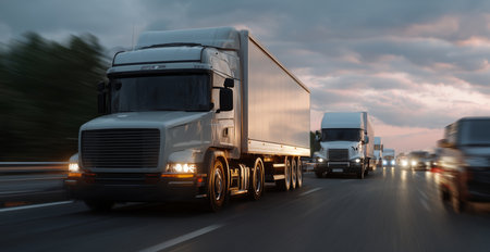 Working man driving a truck on a busy highway during sunset in clear weather Generative AIの素材