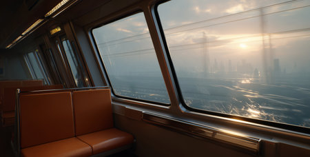 Train conductor manages operations during evening commute with city skyline visible Generative AIの素材