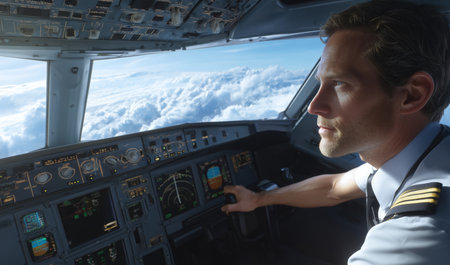 Pilot navigating through clouds during sunset with cockpit controls active Generative AIの素材