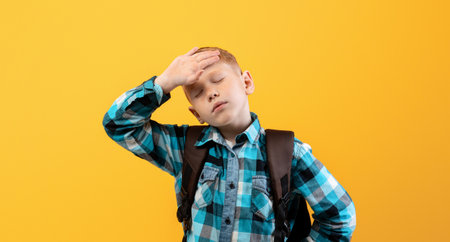 Exhausted kid with backpack touching his foreheadの写真素材