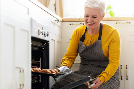 Joyful senior lady in apron opening ovenの写真素材
