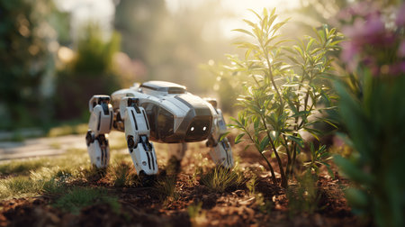 Advanced robotic assistant in a vibrant garden helping with plant arrangement Generative AIの素材