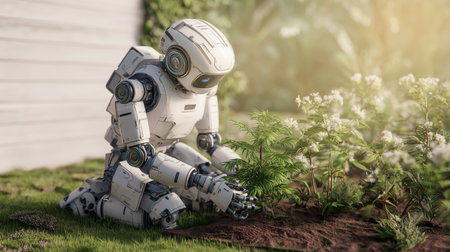 Robot helper tending to plants in a garden during daylight Generative AIの素材