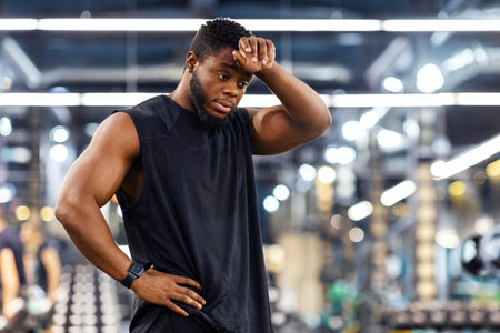 Exhausted black sportsman cleaning sweat from his forehead