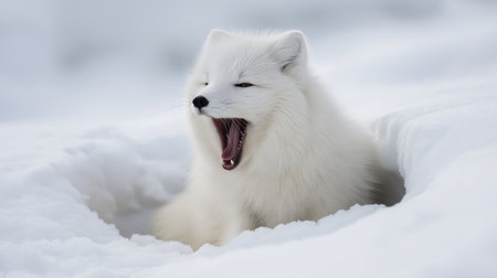 A sleepy arctic fox yawns in the snow, its white fur gleaming and eyes alertの素材