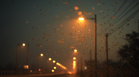 Insects swarm bright streetlights on a quiet road at dusk, creating a stunning sightの素材