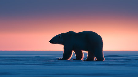 A polar bear stands on the ice, silhouetted against a stunning sunset with colorful skiesの素材