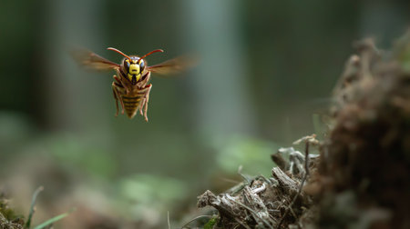A vibrant insect hovers above the forest floor, showcasing its delicate wings and vivid colorsの素材