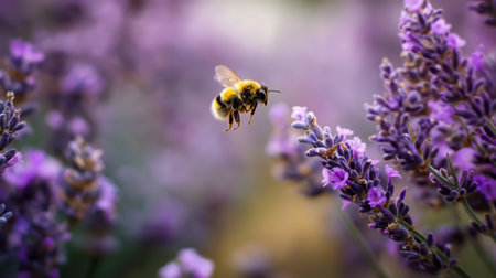 A bee collects nectar while flying near blooming lavender in a colorful garden settingの素材