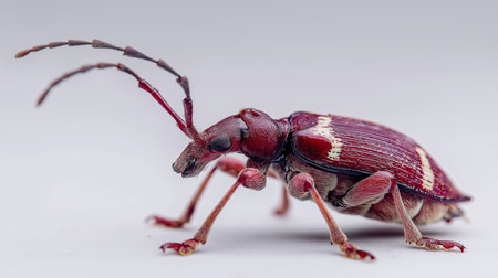 A red and white weevil insect walks on a smooth surface, showcasing its distinct physical traitsの素材
