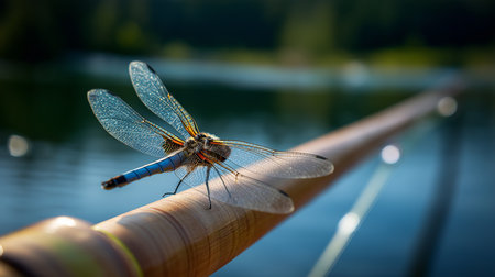 A dragonfly perches on a bamboo pole by a serene lake, sparkling in the sunlightの素材
