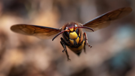 A hornet is captured in flight, revealing intricate patterns against a blurred backdropの素材