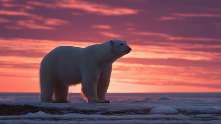A polar bear watches the colorful Arctic sky as the sun setsの素材
