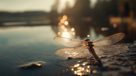A dragonfly sits still on the waters surface, basking in the gentle glow of the setting sunの素材