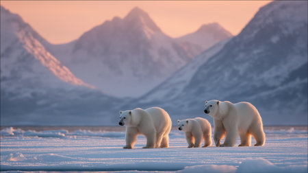 Three polar bears stroll on icy terrain as the sun sets, creating a serene Arctic sceneの素材