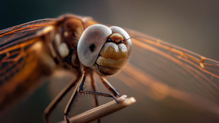 A detailed observation of a dragonfly showing its intricate eyes and wings while sitting on a twigの素材