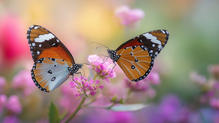 Colorful butterflies interact with blooming flowers in a peaceful garden filled with spring colorsの素材