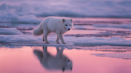 An arctic fox explores the icy terrain as the sunset casts vibrant colors on the water belowの素材