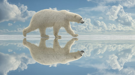 A polar bear strolls across a shiny ice surface, mirrored by the sky filled with cloudsの素材