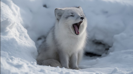 An arctic fox sits in the snow, yawning and enjoying the cold winter day in its natural habitatの素材
