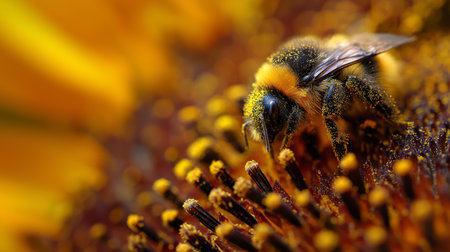 A bee gathers pollen from the center of a colorful flower in a warm garden environmentの素材