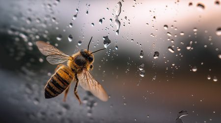 A bee clings to a wet window as rain falls outside, showcasing natures resilience and beautyの素材